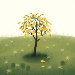 In a spring meadow, a small tree is wilting, with yellowing leaves and some leaves having fallen to the grass