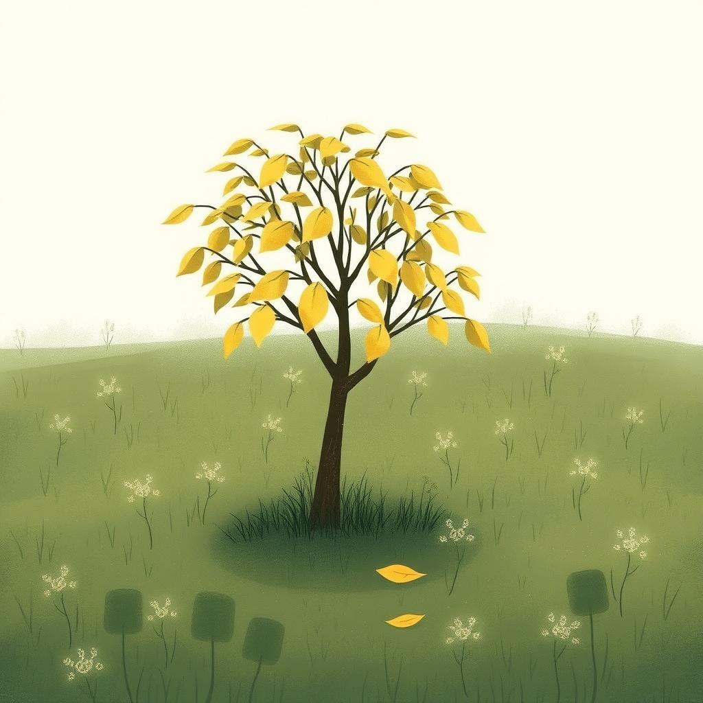 In a spring meadow, a small tree is wilting, with yellowing leaves and some leaves having fallen to the grass