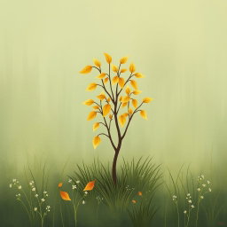 In a spring meadow, a small tree is wilting, with yellowing leaves and some leaves having fallen to the grass