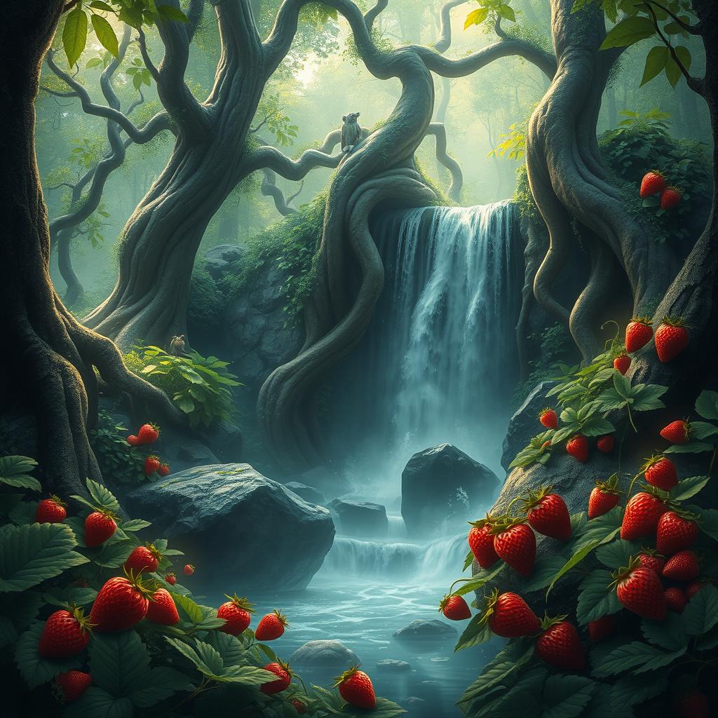 An enchanting forest scene with a mysterious waterfall flowing dark, magical waters, surrounded by verdant foliage and illuminated by a soft, ethereal glow