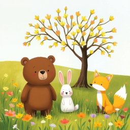 In a spring meadow, a cute brown bear, a lovable little white rabbit, and an adorable yellow fox are happily standing beneath a tree blooming with numerous flower buds