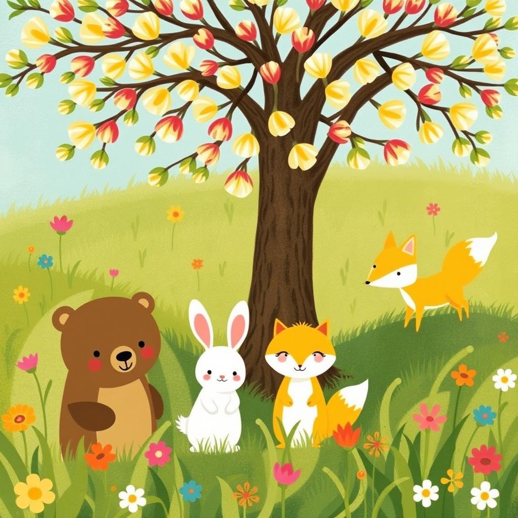 In a spring meadow, a cute brown bear, a lovable little white rabbit, and an adorable yellow fox are happily standing beneath a tree blooming with numerous flower buds