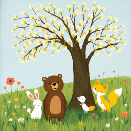 In a spring meadow, a cute brown bear, a lovable little white rabbit, and an adorable yellow fox are happily standing beneath a tree blooming with numerous flower buds