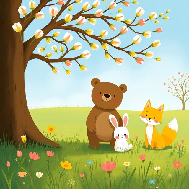 In a spring meadow, a cute brown bear, a lovable little white rabbit, and an adorable yellow fox are happily standing beneath a tree blooming with numerous flower buds
