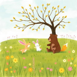 In a spring meadow, a cute brown bear, a lovable little white rabbit, and an adorable yellow fox are joyfully playing under a tree adorned with flower buds