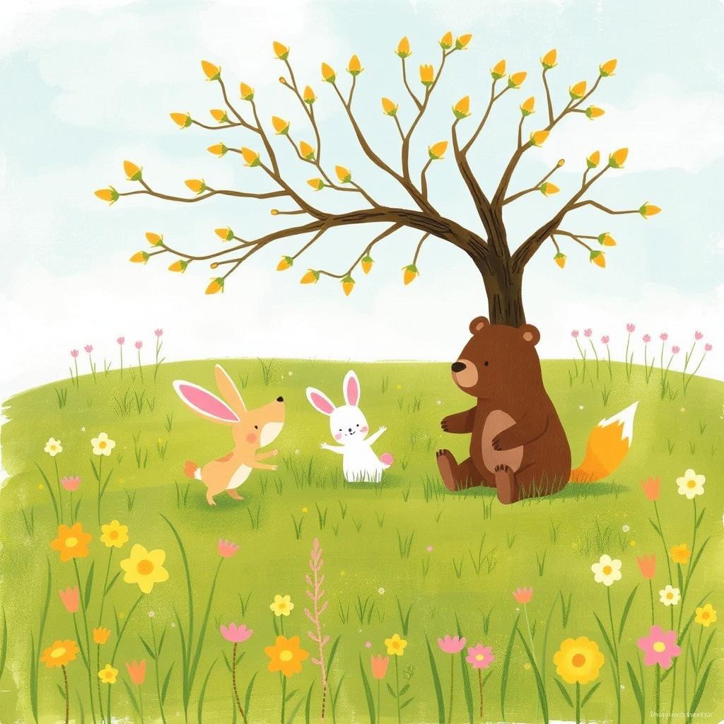 In a spring meadow, a cute brown bear, a lovable little white rabbit, and an adorable yellow fox are joyfully playing under a tree adorned with flower buds