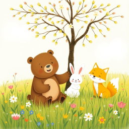 In a spring meadow, a cute brown bear, a lovable little white rabbit, and an adorable yellow fox are joyfully playing under a tree adorned with flower buds