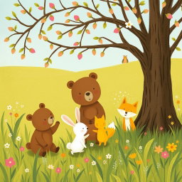 In a spring meadow, a cute brown bear, a lovable little white rabbit, and an adorable yellow fox are joyfully playing under a tree adorned with flower buds