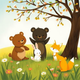 In a spring meadow, a cute brown bear, a lovable little white rabbit, and an adorable yellow fox are joyfully playing under a tree adorned with flower buds