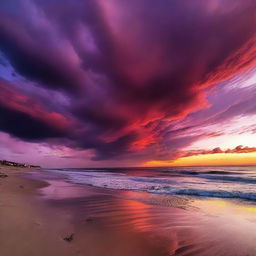 A fiery red sunset with purple clouds over a calm beach, the ocean waves lapping gently at the shore, reflecting the spectacular colors of the sky