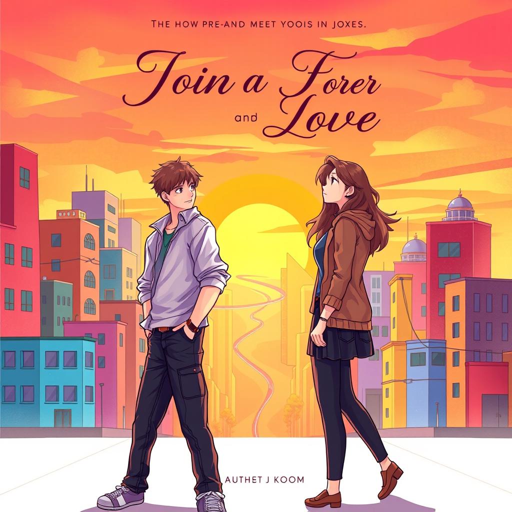 A book cover illustration depicting two characters, a young man and a young woman, standing apart in a vibrant cityscape