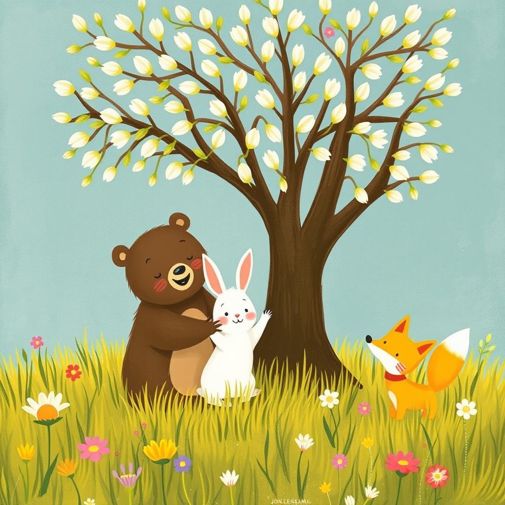 In a spring meadow, a cute brown bear, a lovable little white rabbit, and an adorable yellow fox are joyfully playing together under a tree that has plenty of flower buds