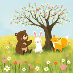 In a spring meadow, a cute brown bear, a lovable little white rabbit, and an adorable yellow fox are joyfully playing together under a tree that has plenty of flower buds