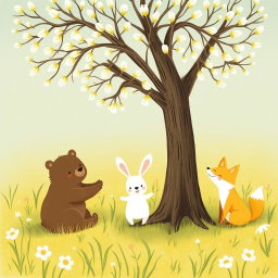 In a spring meadow, a cute brown bear, a lovable little white rabbit, and an adorable yellow fox are joyfully playing together under a tree that has plenty of flower buds