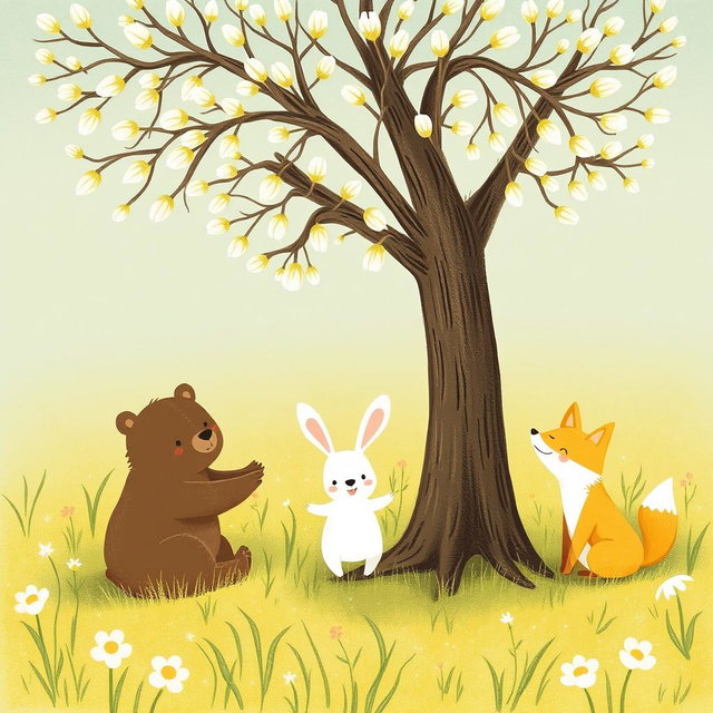 In a spring meadow, a cute brown bear, a lovable little white rabbit, and an adorable yellow fox are joyfully playing together under a tree that has plenty of flower buds