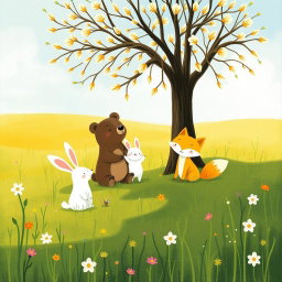In a spring meadow, a cute brown bear, a lovable little white rabbit, and an adorable yellow fox are joyfully playing together under a tree that has plenty of flower buds