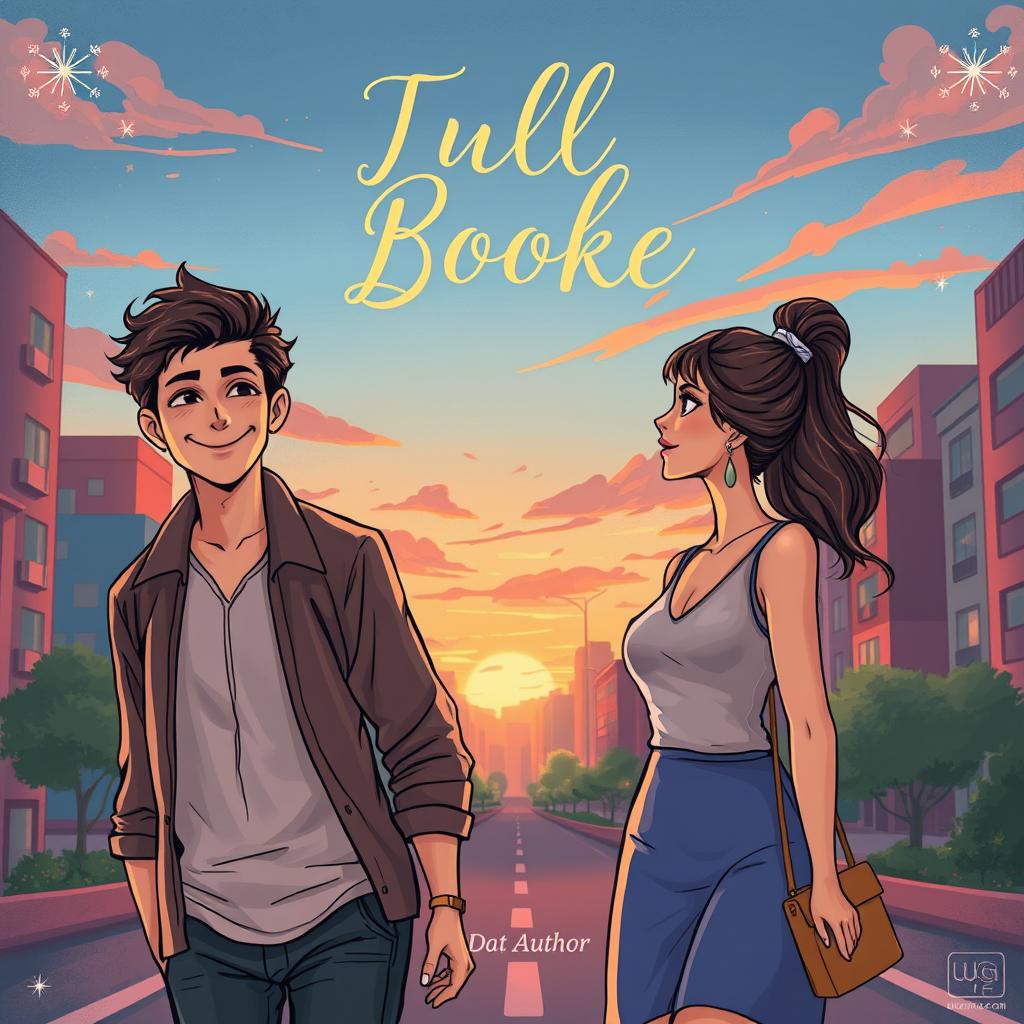 Une illustration de couverture de livre représentant deux personnages, un jeune homme et une jeune femme, se tenant à une certaine distance dans un paysage urbain vibrant