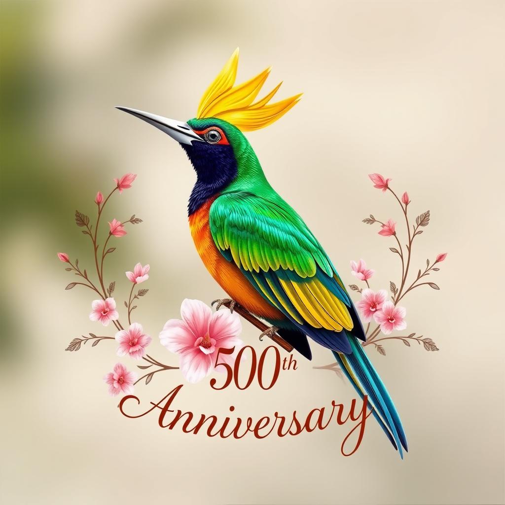 A celebratory design for a 50th anniversary featuring a vibrant and detailed Ragianna's Bird of Paradise prominently placed as an emblem