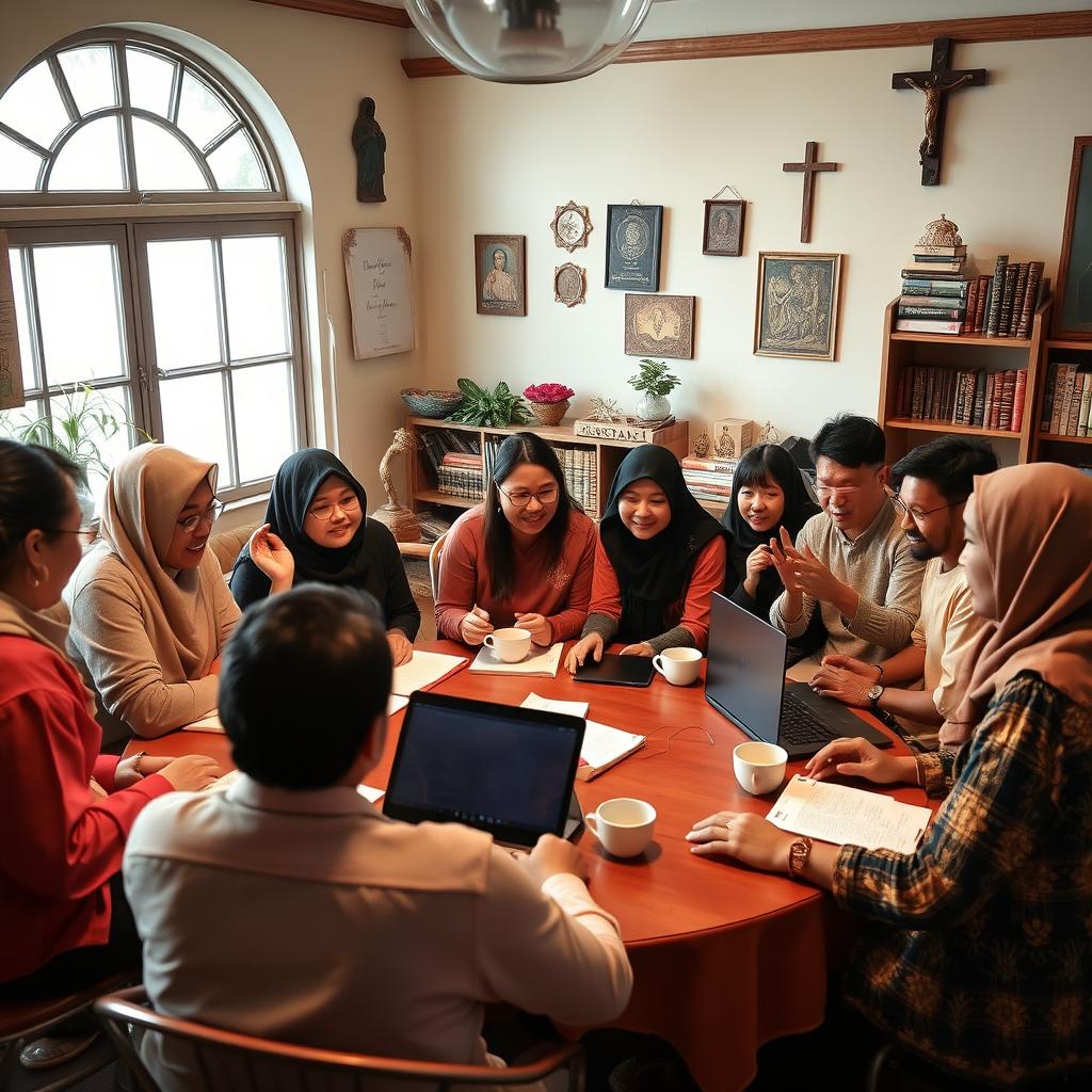 A vibrant and engaging forum group discussion focused on Penyuluh Agama Kristen (Christian Religious Counselors), showcasing a diverse group of people of various ages, genders, and ethnicities gathered in a warm, inviting environment