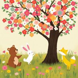In a spring meadow, a cute brown bear, a lovable little white rabbit, and an adorable yellow fox are joyfully playing under a large tree filled with vibrant, colorful blossoms