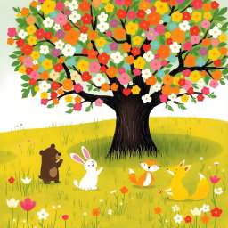 In a spring meadow, a cute brown bear, a lovable little white rabbit, and an adorable yellow fox are joyfully playing under a large tree filled with vibrant, colorful blossoms