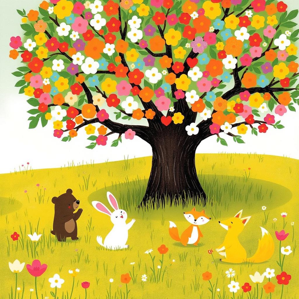 In a spring meadow, a cute brown bear, a lovable little white rabbit, and an adorable yellow fox are joyfully playing under a large tree filled with vibrant, colorful blossoms