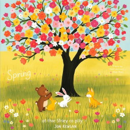 In a spring meadow, a cute brown bear, a lovable little white rabbit, and an adorable yellow fox are joyfully playing under a large tree filled with vibrant, colorful blossoms