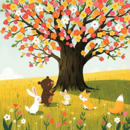 In a spring meadow, a cute brown bear, a lovable little white rabbit, and an adorable yellow fox are joyfully playing under a large tree filled with vibrant, colorful blossoms