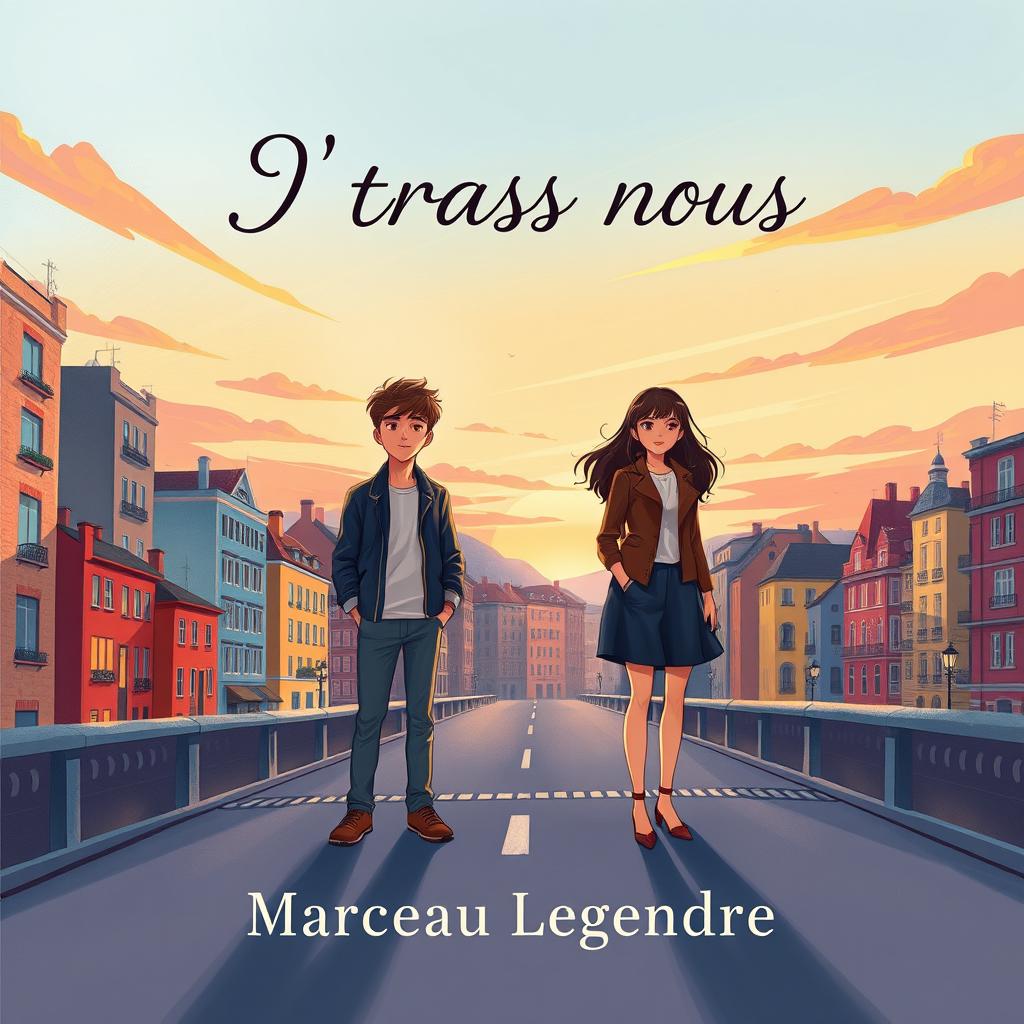 A book cover illustration for a story titled "À travers nous" by Marceau Legendre, featuring two characters: a young man and a young woman who are initially strangers but destined to connect