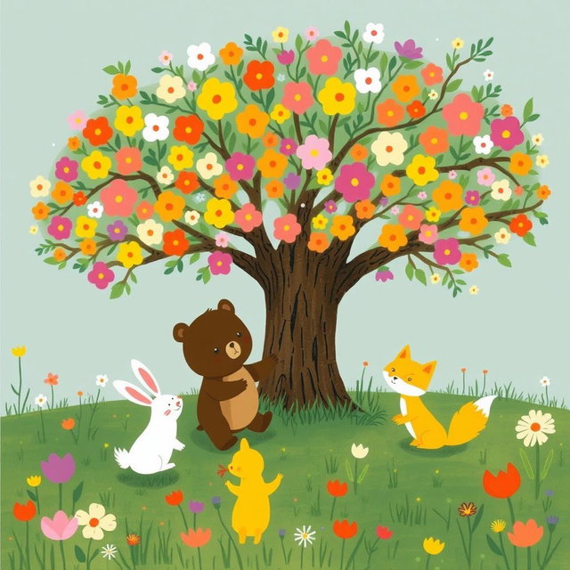 In a spring meadow, a cute brown bear, a lovable little white rabbit, and an adorable yellow fox are happily playing under a large tree blooming with vibrant, colorful flowers