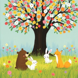 In a spring meadow, a cute brown bear, a lovable little white rabbit, and an adorable yellow fox are happily playing under a large tree blooming with vibrant, colorful flowers
