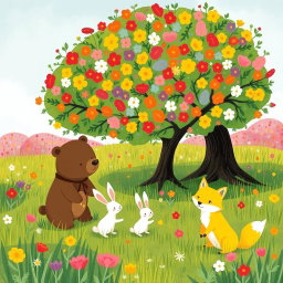 In a spring meadow, a cute brown bear, a lovable little white rabbit, and an adorable yellow fox are happily playing under a large tree blooming with vibrant, colorful flowers
