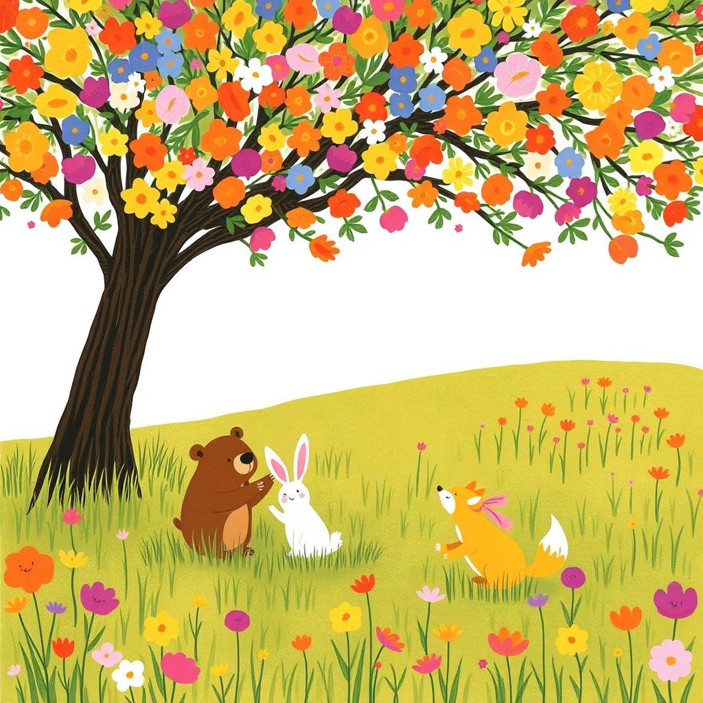 In a spring meadow, a cute brown bear, a lovable little white rabbit, and an adorable yellow fox are happily playing under a large tree blooming with vibrant, colorful flowers