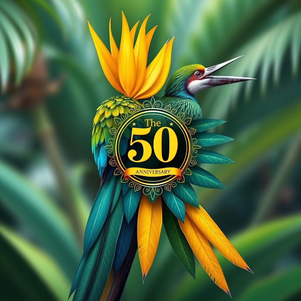 A stunning and intricate design of a Regianna bird of paradise, showcasing its vibrant feathers in rich shades of yellow, green, and blue