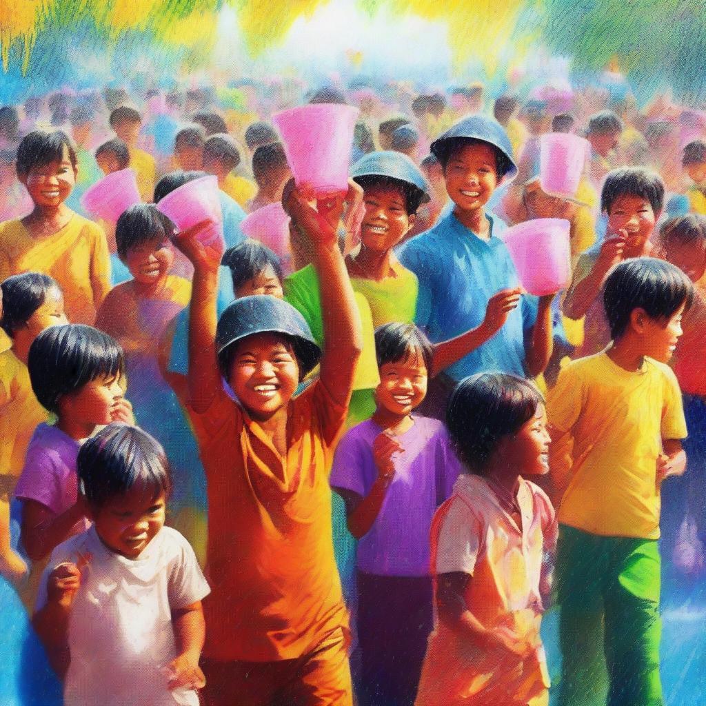 A vibrant digital art piece capturing the essence of the Myanmar water festival