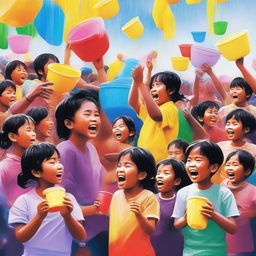 A vibrant digital art piece capturing the essence of the Myanmar water festival