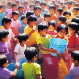 A vibrant digital art piece capturing the essence of the Myanmar water festival