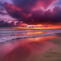 A fiery red sunset with purple clouds over a calm beach, the ocean waves lapping gently at the shore, reflecting the spectacular colors of the sky