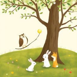 In a spring scene, an owl stands on a branch while a cute brown bear is handing a glowing, round little seed to the owl to show it off