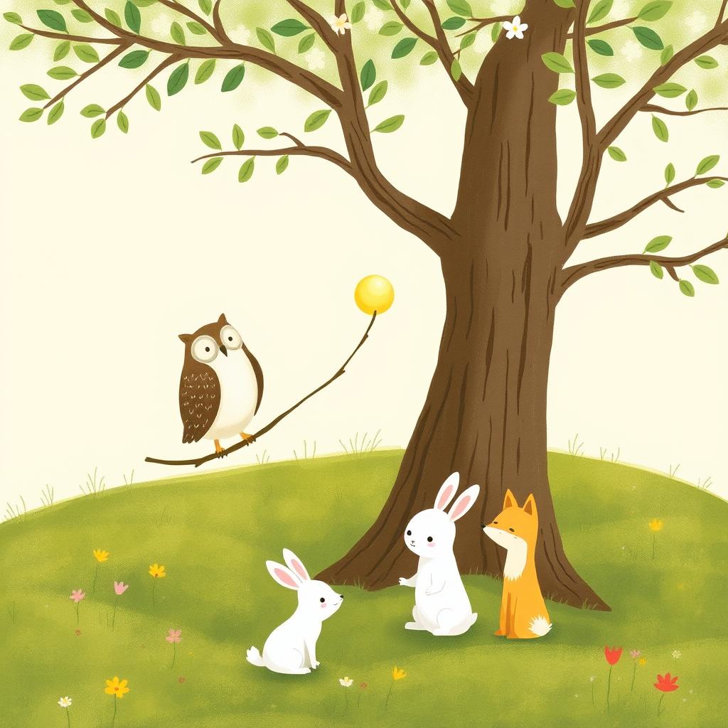 In a spring scene, an owl stands on a branch while a cute brown bear is handing a glowing, round little seed to the owl to show it off