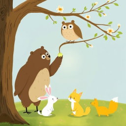 In a spring scene, an owl stands on a branch while a cute brown bear is handing a glowing, round little seed to the owl to show it off
