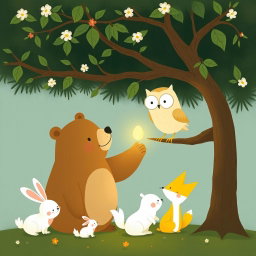 In a spring scene, an owl stands on a branch while a cute brown bear is handing a glowing, round little seed to the owl to show it off
