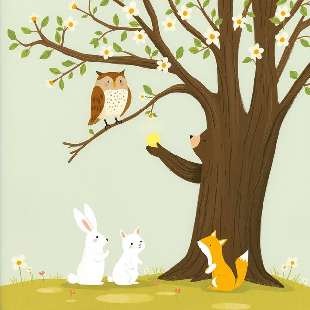 In a spring scene, an owl stands on a branch while a cute brown bear is handing a glowing, round little seed to the owl to show it off