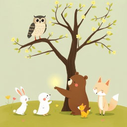 In a spring scene, an owl is perched on a branch while beneath the tree, a cute brown bear is holding a glowing, round little seed to show the owl