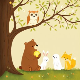 In a spring scene, an owl is perched on a branch while beneath the tree, a cute brown bear is holding a glowing, round little seed to show the owl