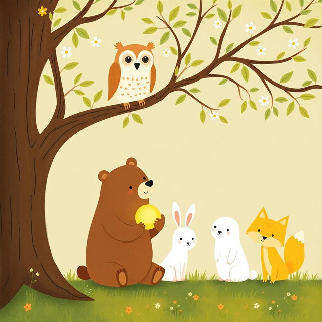 In a spring scene, an owl is perched on a branch while beneath the tree, a cute brown bear is holding a glowing, round little seed to show the owl