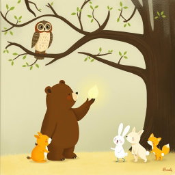 In a spring scene, an owl is perched on a branch while beneath the tree, a cute brown bear is holding a glowing, round little seed to show the owl