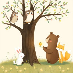 In a spring scene, an owl is perched on a branch while beneath the tree, a cute brown bear is holding a glowing, round little seed to show the owl