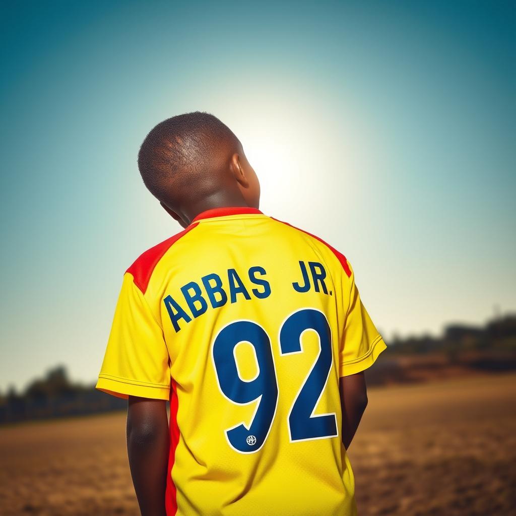 A young African boy looking thoughtfully into the horizon, wearing a bright and colorful soccer jersey that displays the name 'Abbas JR' and the number '92' on the back