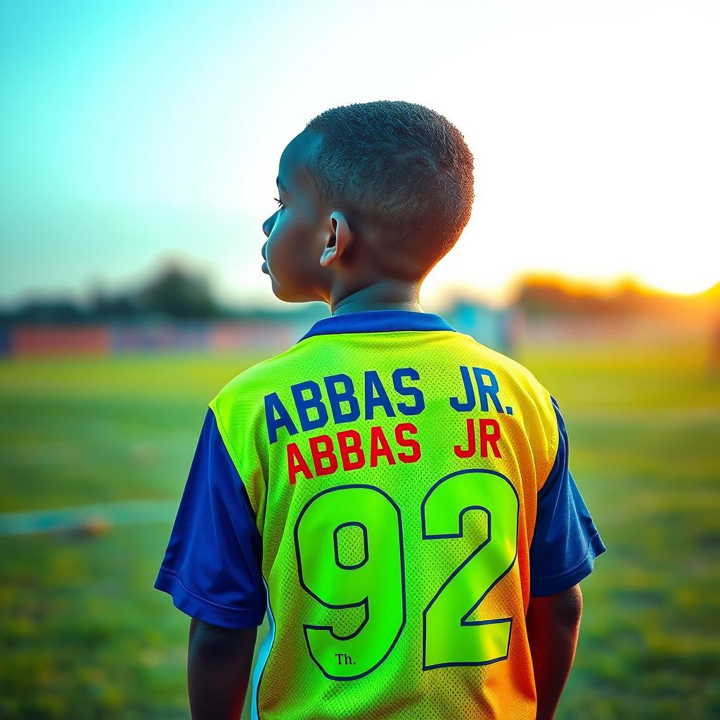 A young African boy gazing into the horizon, standing confidently in a vibrant soccer jersey adorned with the name 'Abbas JR' and the number '92' prominently displayed on the back